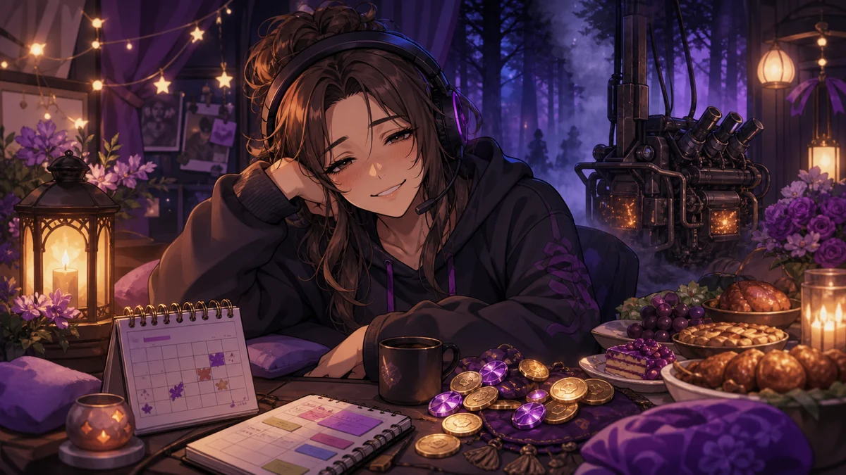 夜の配信部屋でイベント効果を振り返りながら次のゲーム予定を考える女性キャラクターのイメージ