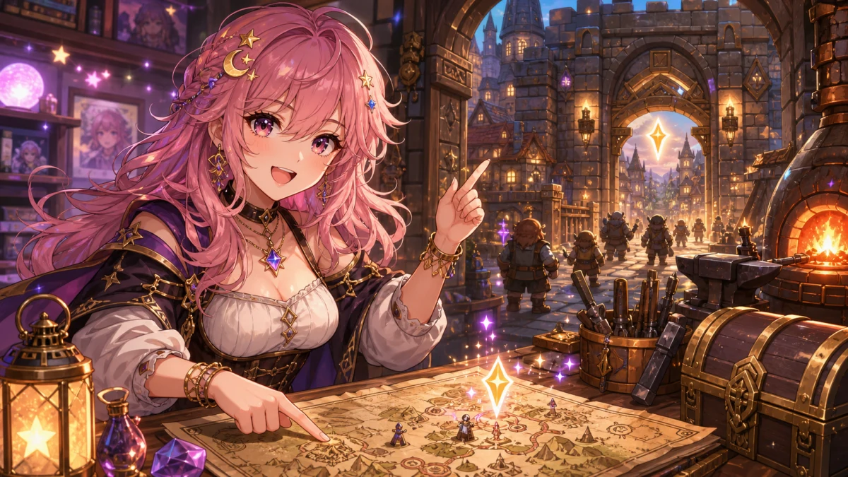 明るいゲーム配信部屋で剣と地図を見ながらドワーフの街へ向かう女性キャラクター