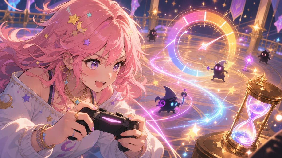 訓練場で光るゲージをためながら敵に囲まれる女性キャラクターと魔法のエフェクト