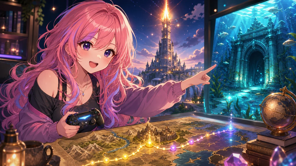 光る塔と海底神殿へのルートを地図で示すピンク髪の女性キャラクター
