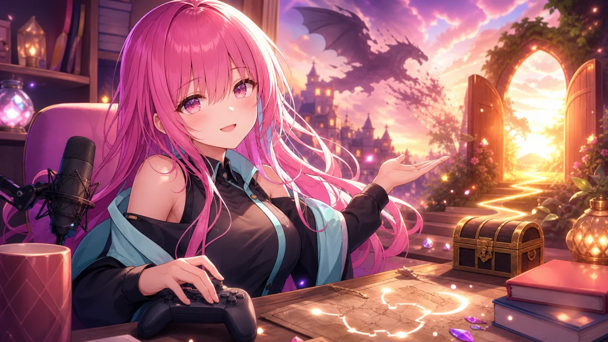 配信ログと次回予告のような小物を並べた編集デスクで女性キャラクターが冒険の余韻を整理するイメージ