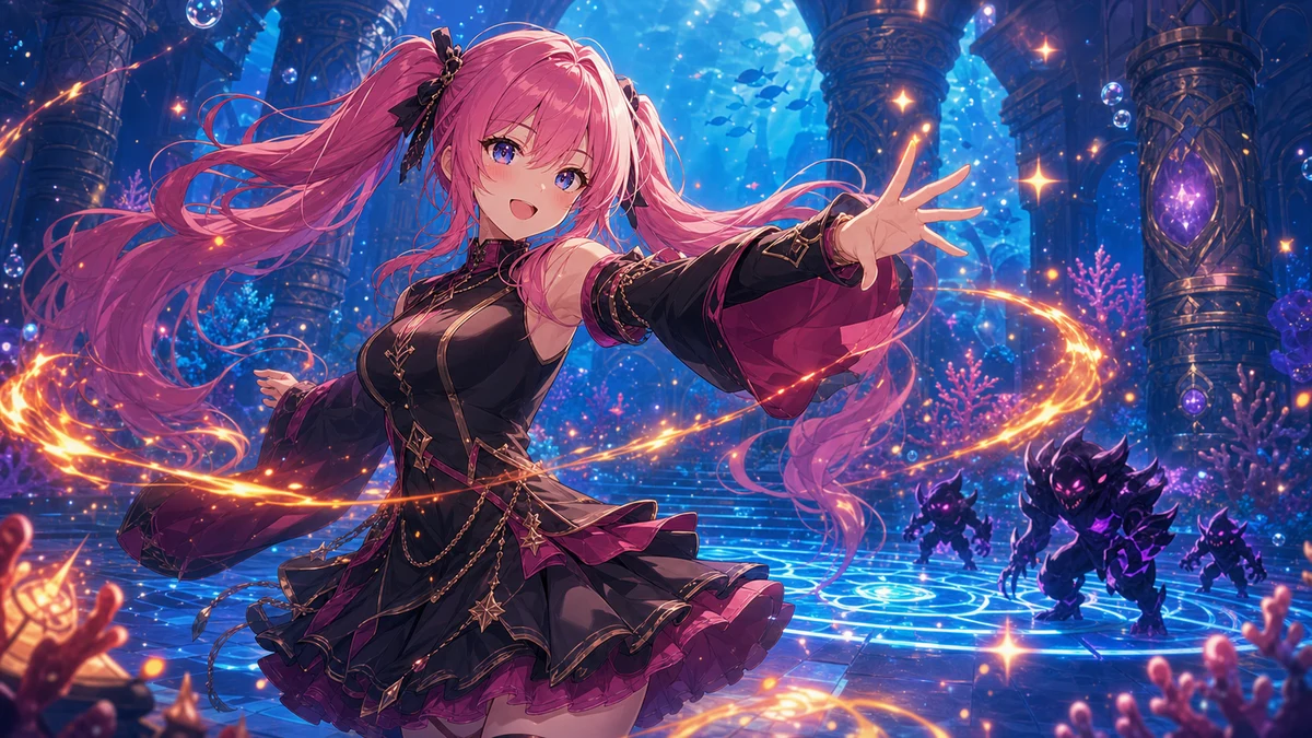 海底神殿の光る床で炎の魔法と踊りの動きを試す女性キャラクターのイメージ