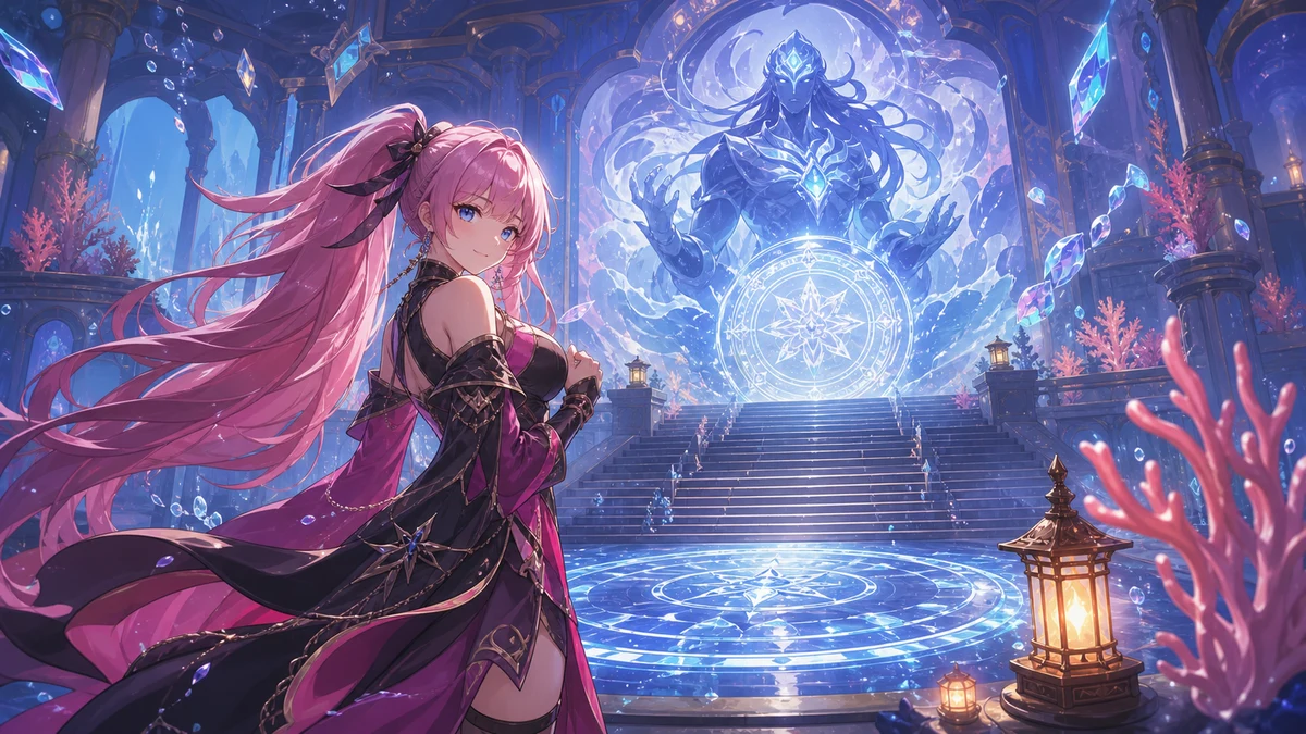 青白い神殿の奥で光の試練に挑む女性キャラクターと巨大な影のイメージ