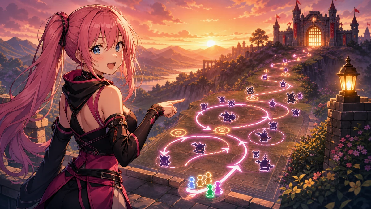 夕焼けの城塞前で仲間と地図を見ながら最終決戦を翌日に残す女性キャラクターのイメージ