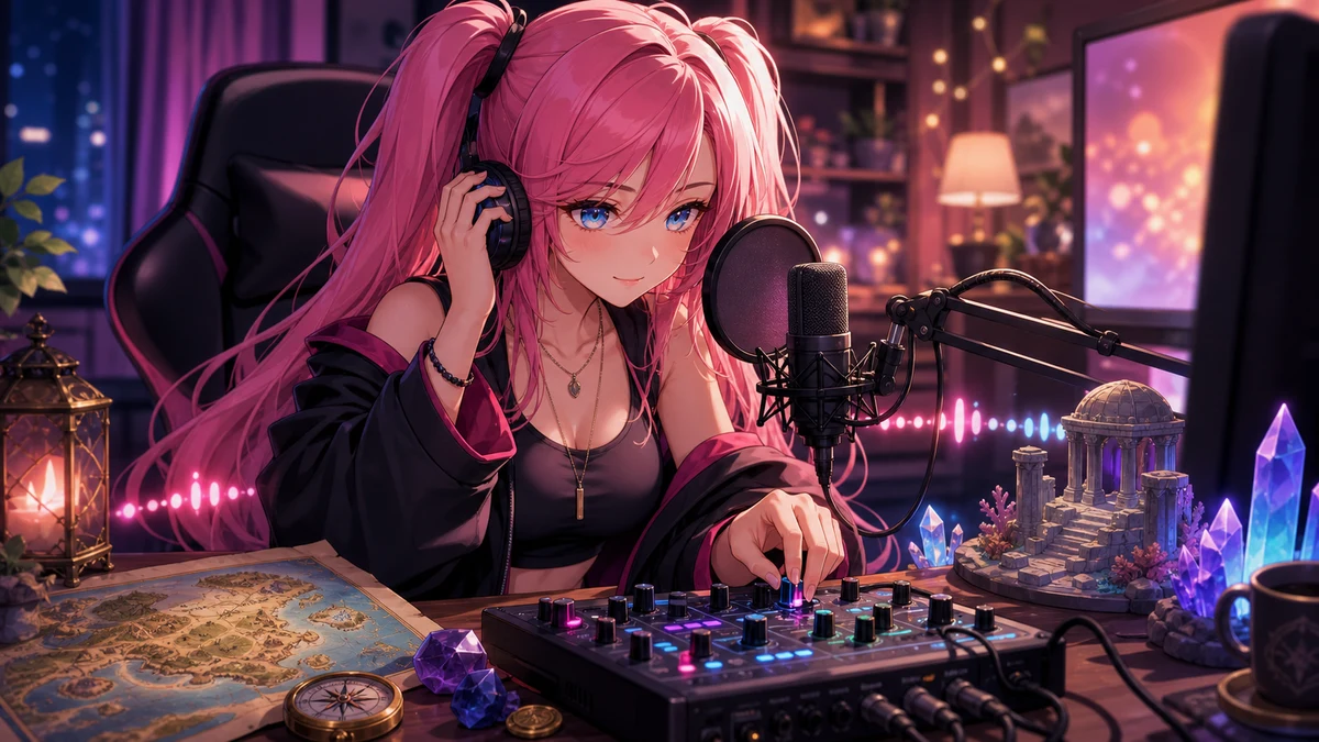 配信部屋で音声ミキサーを調整しながらリスナーの反応を確認する女性キャラクターのイメージ