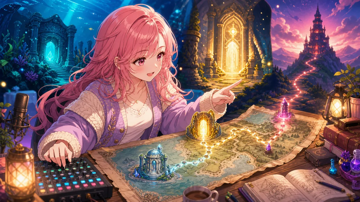 配信部屋で地図と音声ミキサーを前に次回の最終戦を確認する女性キャラクターのイメージ