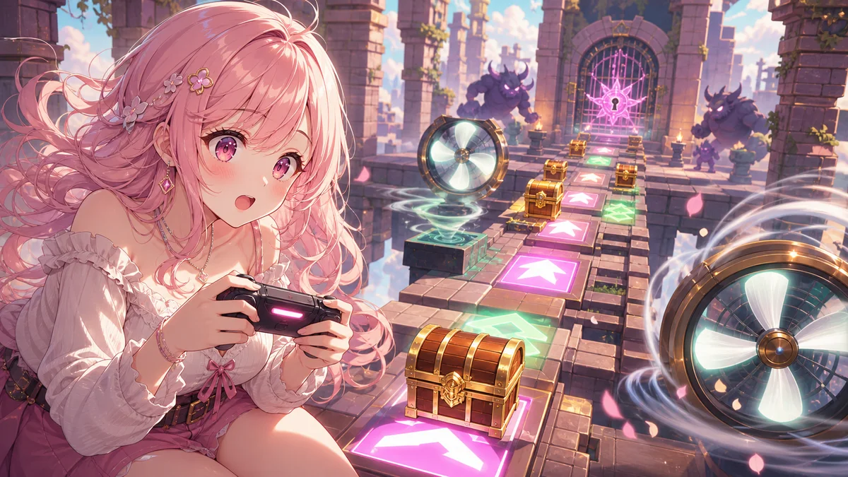 風の装置と矢印床を見ながら進路を考える女性キャラクターのイメージ