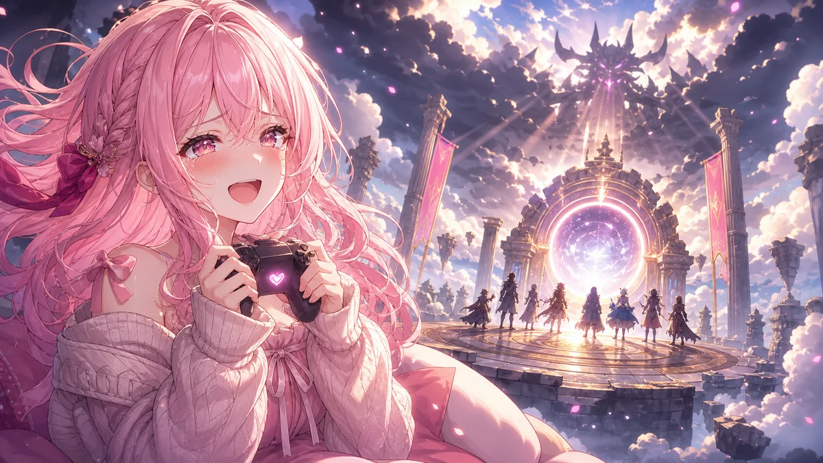 暗い空中神殿で光の剣を構える女性キャラクターのイメージ