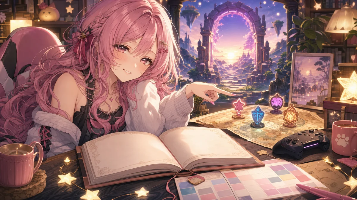 冒険日誌と次の配信予定を見比べる女性キャラクターのイメージ