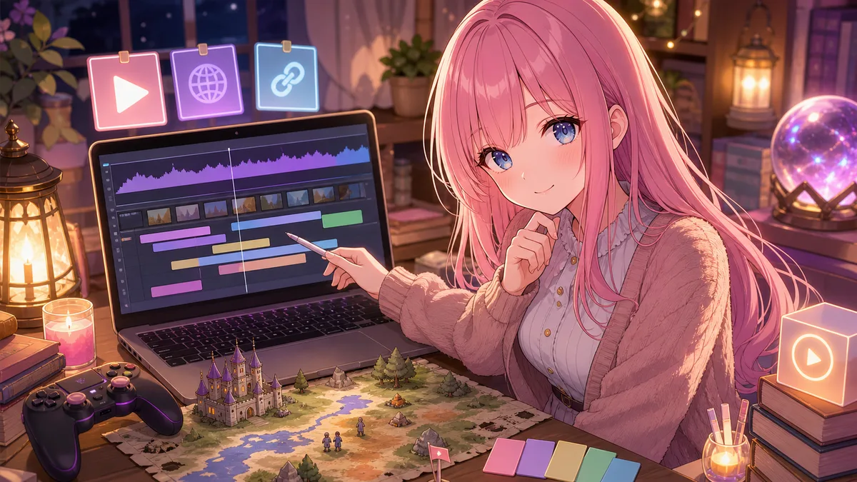 配信アーカイブの時間メモと公式リンクを見比べながら読み物を整理する女性キャラクターのイメージ