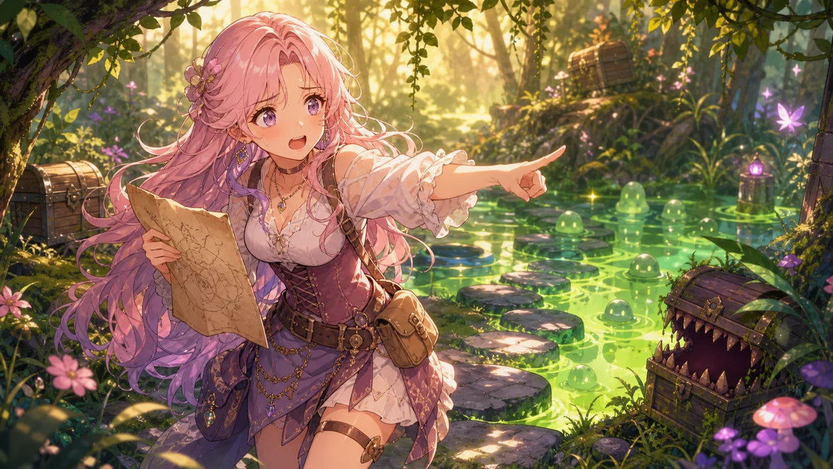 毒沼と宝箱が並ぶ森の道で地図を確認する女性キャラクターのイメージ