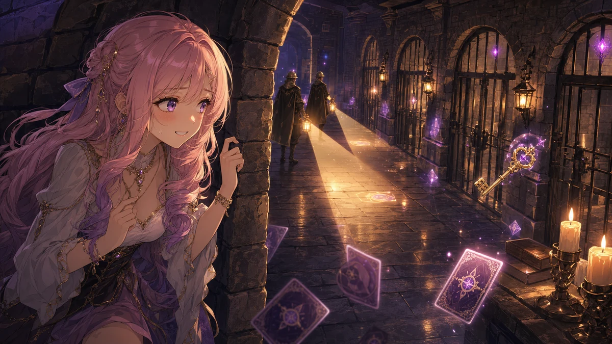 魔法都市の地下牢で見張りの視線を避ける女性キャラクターのイメージ