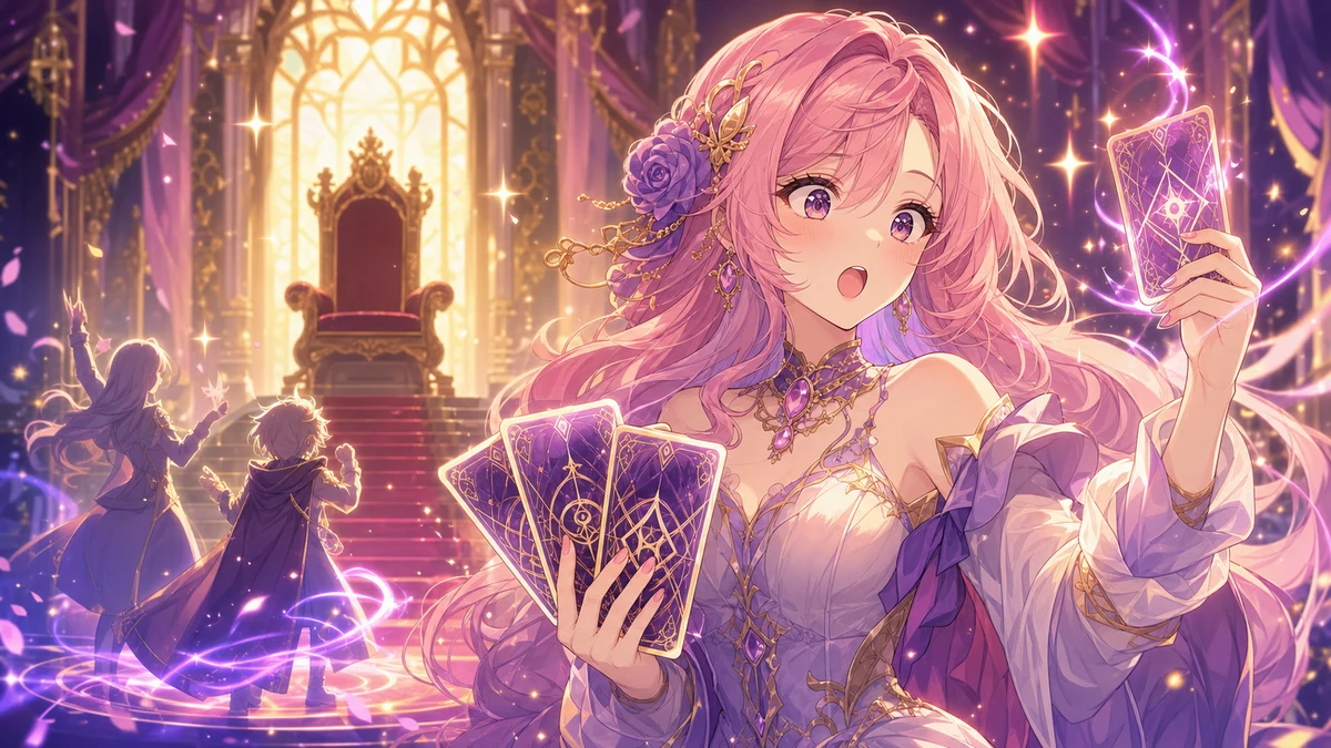 魔法都市の玉座前で光るカードと舞台照明に囲まれる女性キャラクターのイメージ