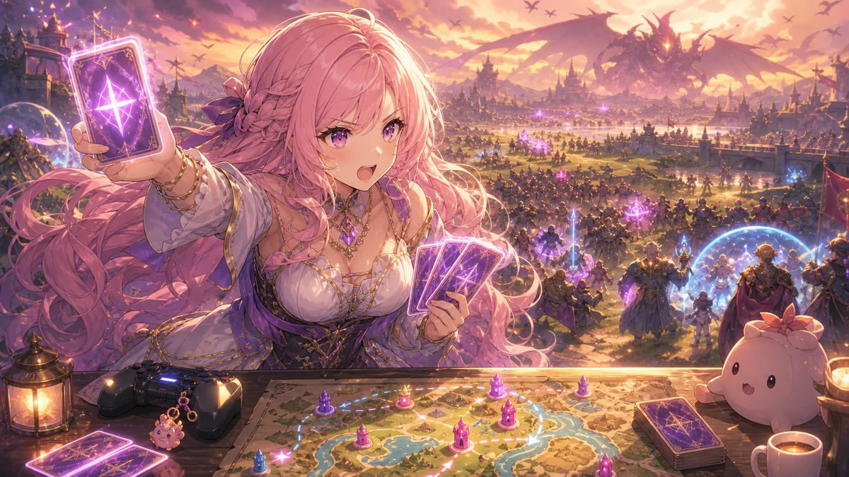 大軍勢を前に魔法カードと光の軌跡を構える女性キャラクターのイメージ