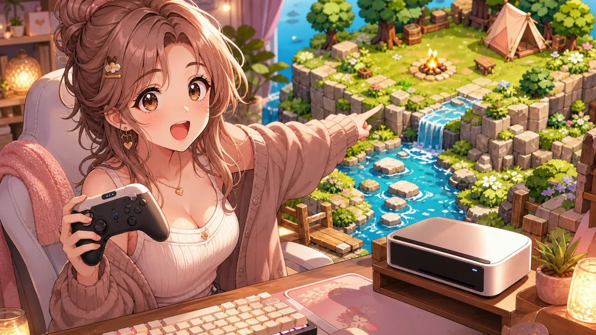 新しいゲーム機と島の水場を前にわくわくするオリジナル女性キャラクターのイメージ