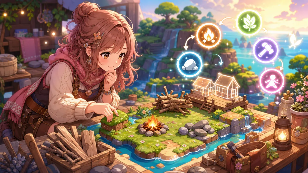 草むらと焚き火のそばで道具を持って考えるオリジナル女性キャラクターのイメージ