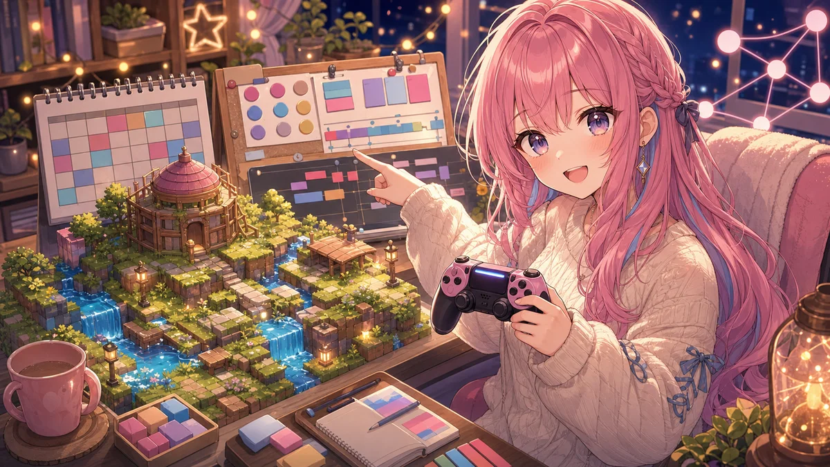 島の進行メモと動画の流れを見比べるピンク髪のオリジナル女性キャラクターのイメージ