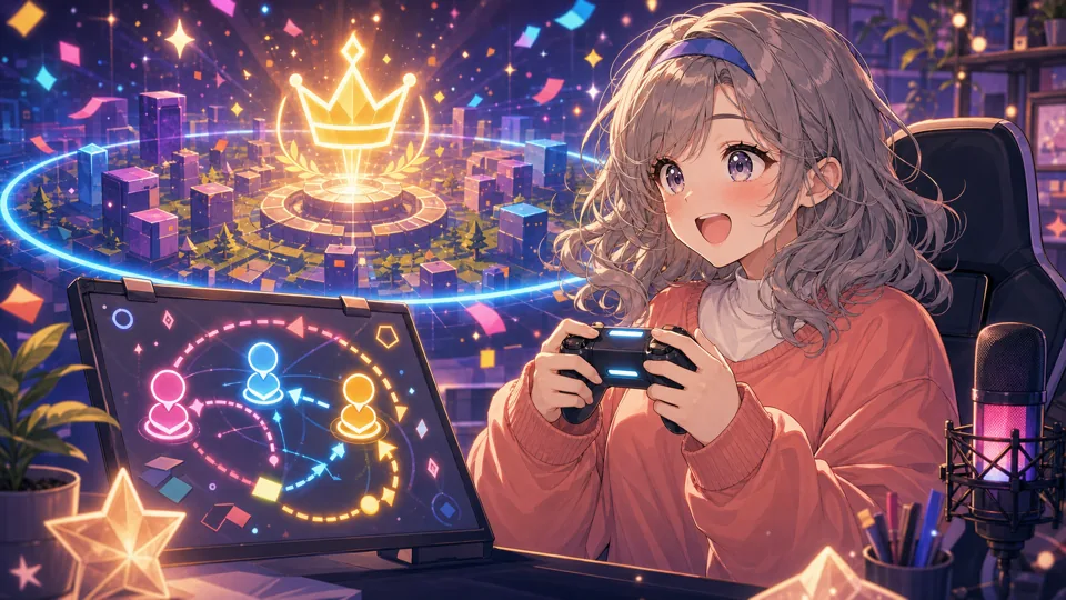 初勝利後に明るい配信部屋で作戦を話すApex配信イメージ