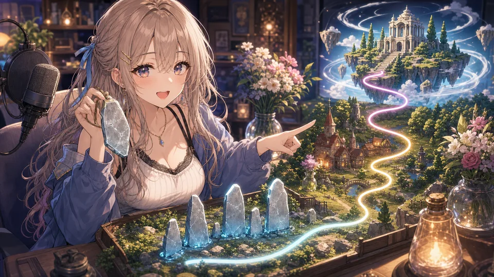 石板と風の神殿を結ぶ光の道を指す配信部屋のイラスト