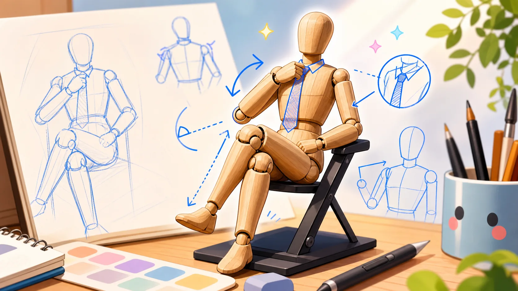 3Dポーズ人形とラフ線を見比べながら角度を探すイメージ