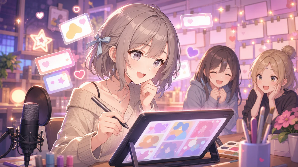 人物が投稿カードの並ぶタブレットを見ながらファンアートの反応を楽しむイメージ