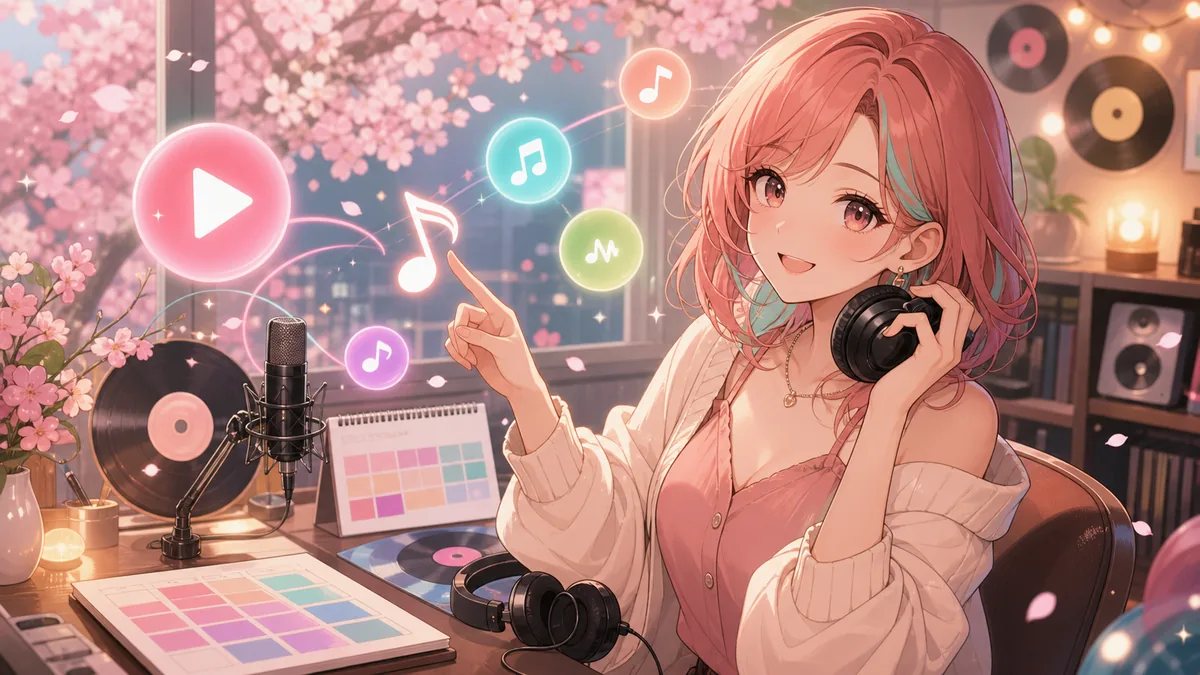 音楽配信ページとMV概要欄を確認しながらリリース情報を整理するオリジナル女性キャラクターのイメージ