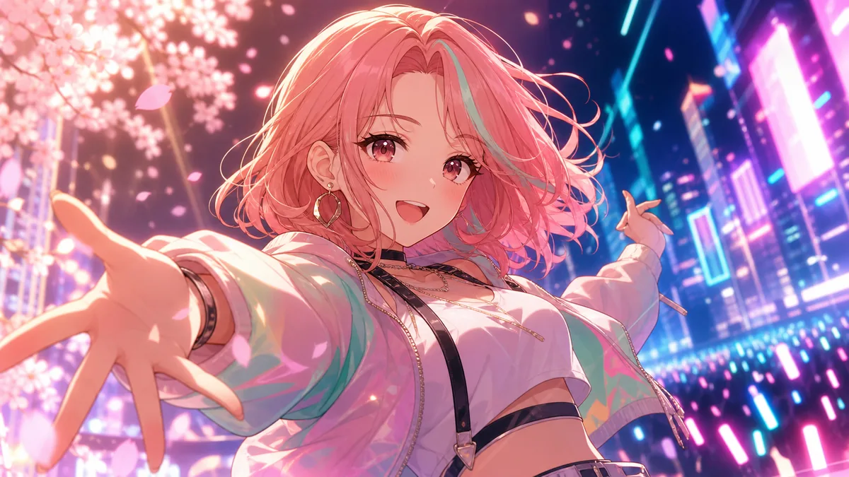 桜の花びらとネオン街の光を背景にMVの場面転換を楽しむオリジナル女性キャラクターのイメージ