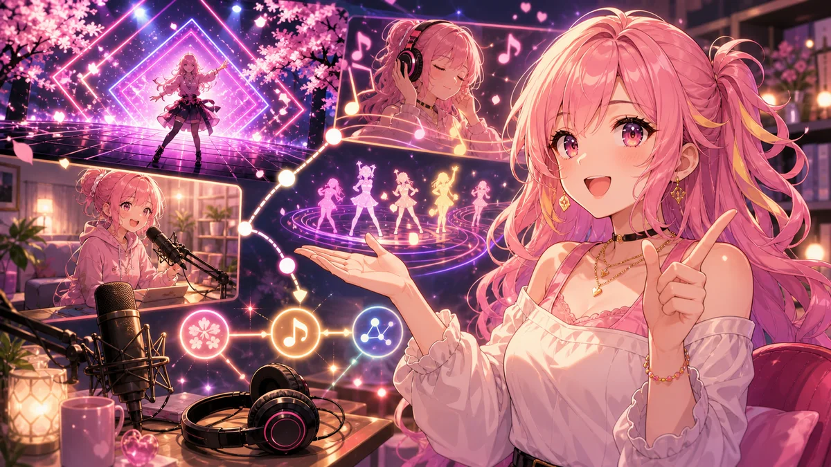 桜色のステージと録音用マイク、音楽導線を見比べるオリジナル女性キャラクターのイメージ