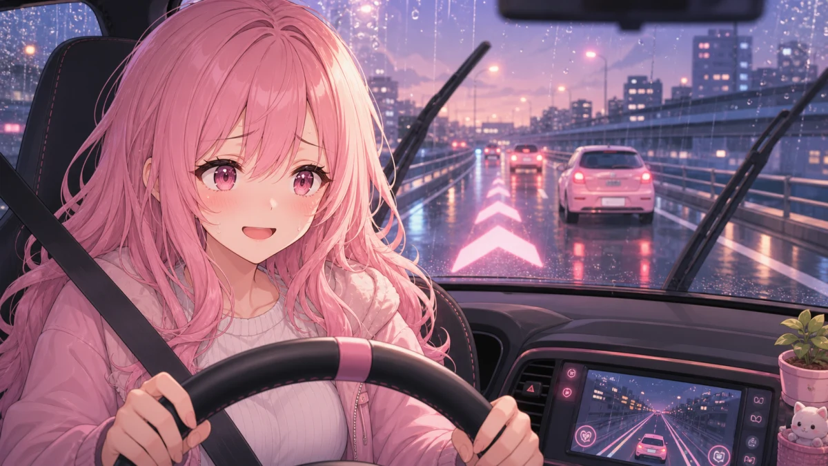 雨の高速道路を緊張しながら走る明るいドライブ配信のイメージ