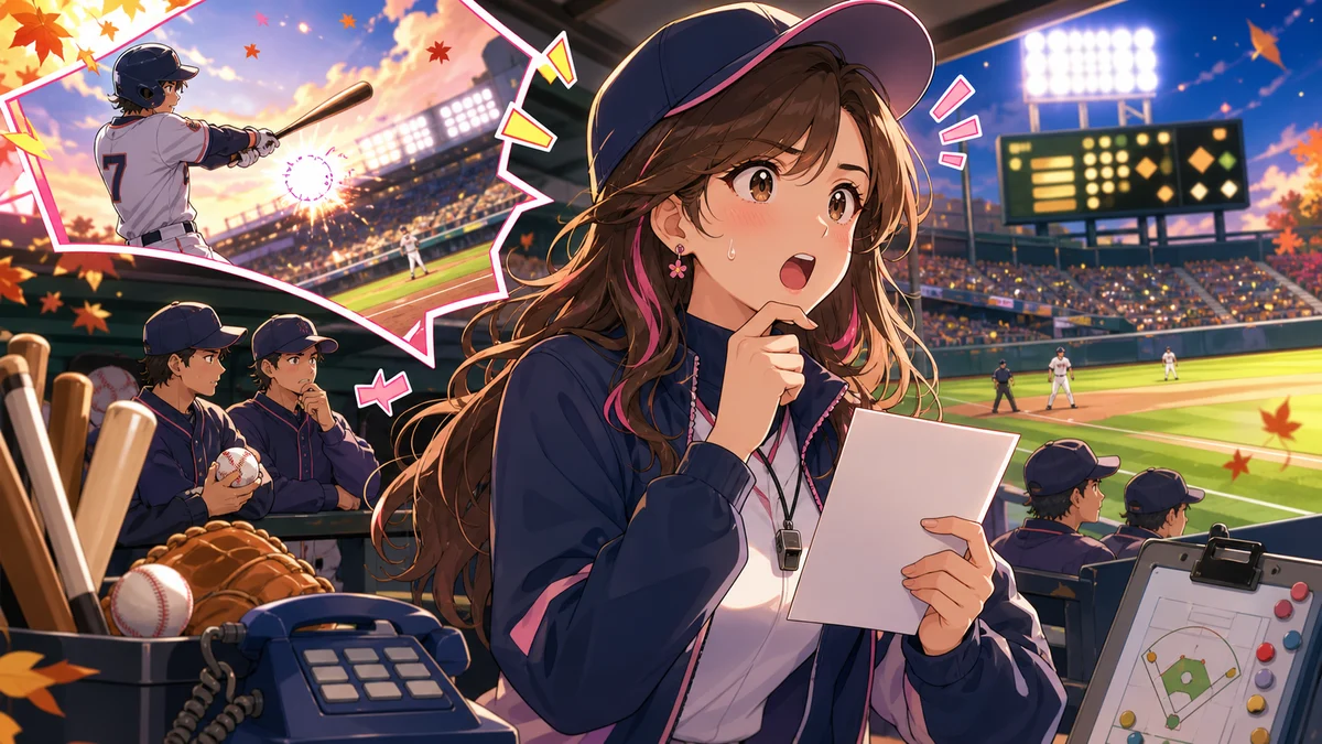 ナイター球場でスコアボードと作戦カードを見つめる人物