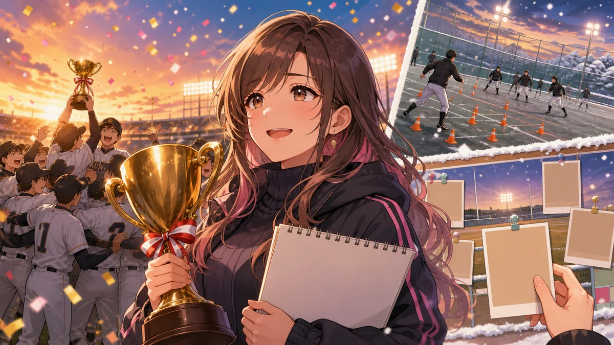 夕方の球場で優勝旗と冬合宿メニューを並べて考える人物