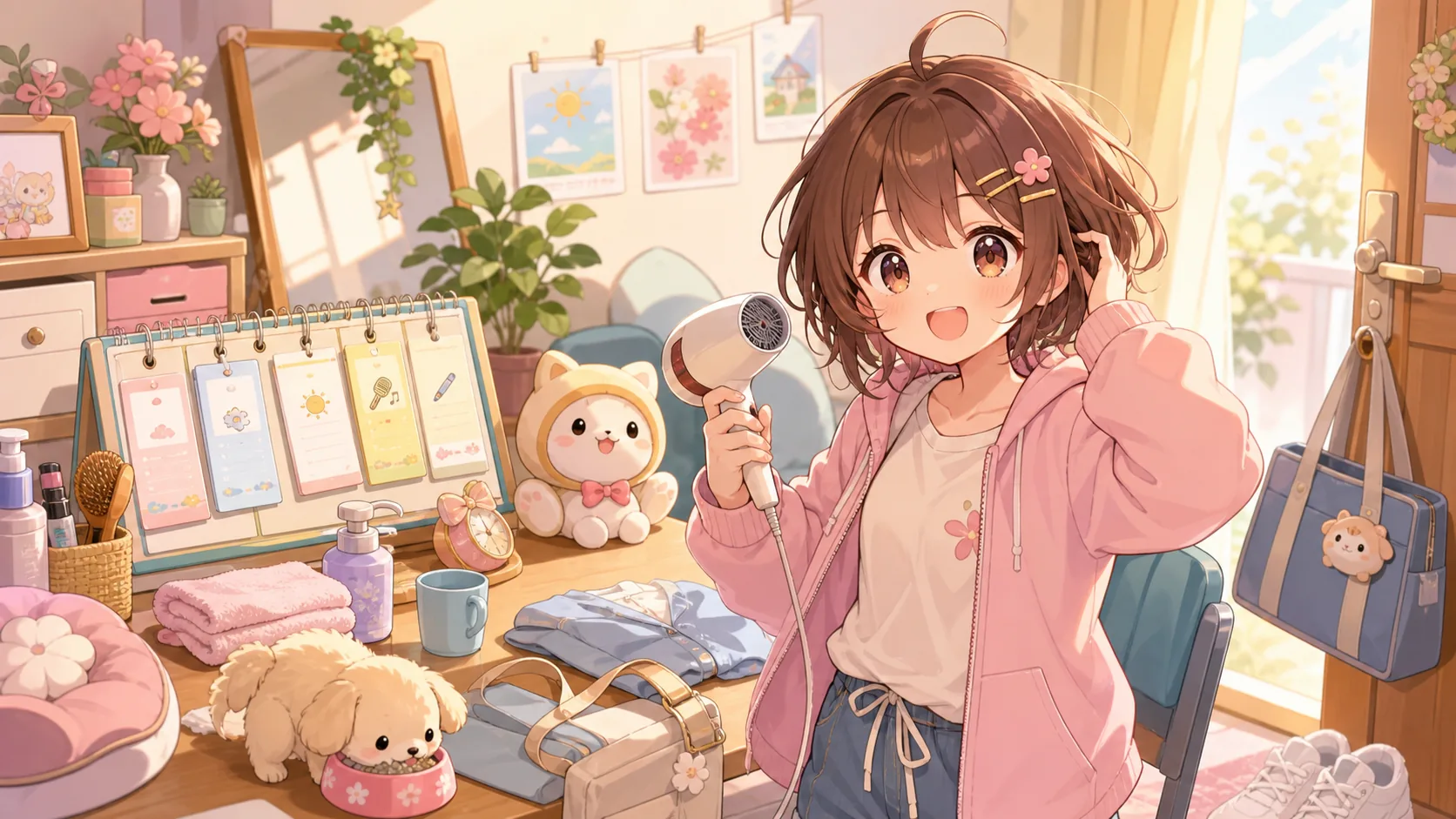 朝の支度と予定表を前に一日を始めるオリジナルキャラクターのイメージ