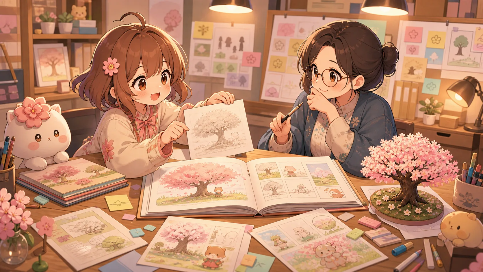 絵本のラフと桜の木の模型を囲む会議のオリジナルキャラクターイメージ
