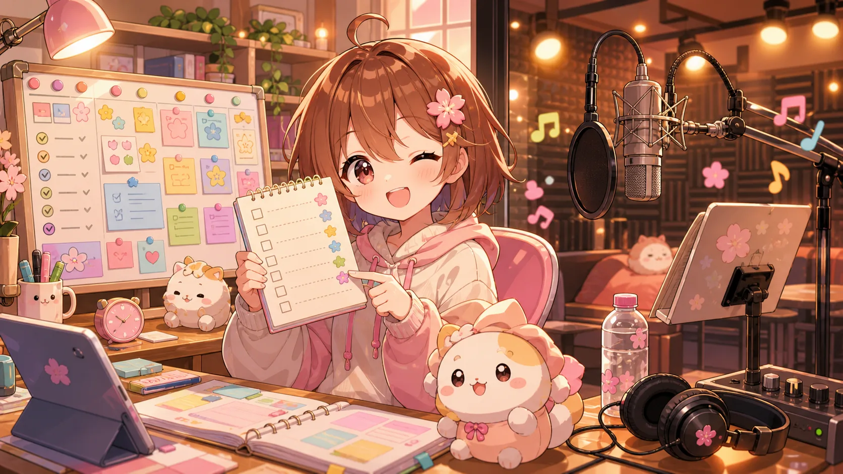 タスク一覧とマイクのある明るい作業机で準備するオリジナルキャラクターのイメージ
