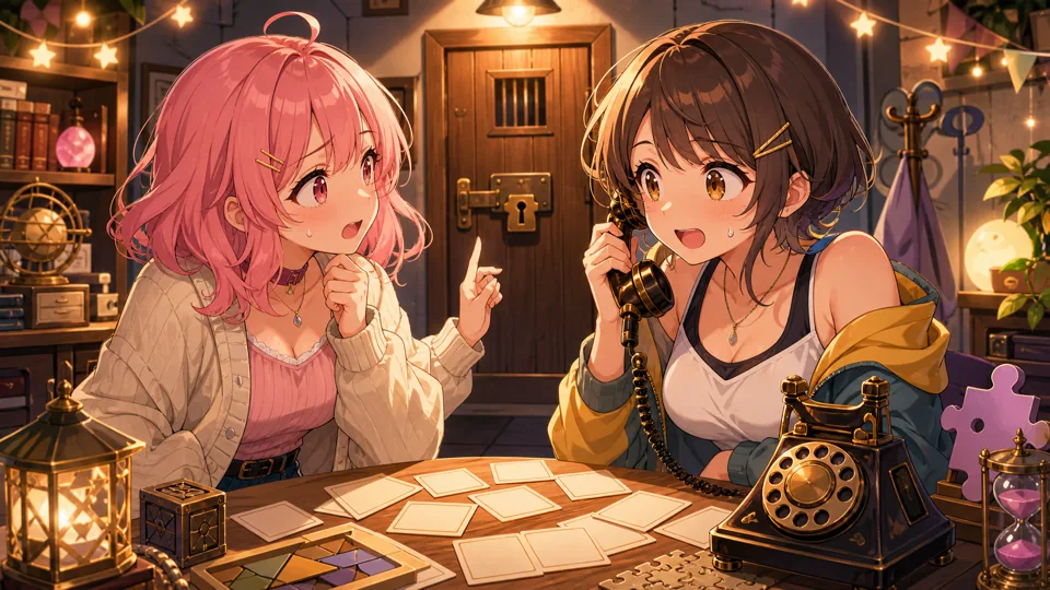 謎解き謎解き部屋のルール確認に向き合うオリジナルキャラクター