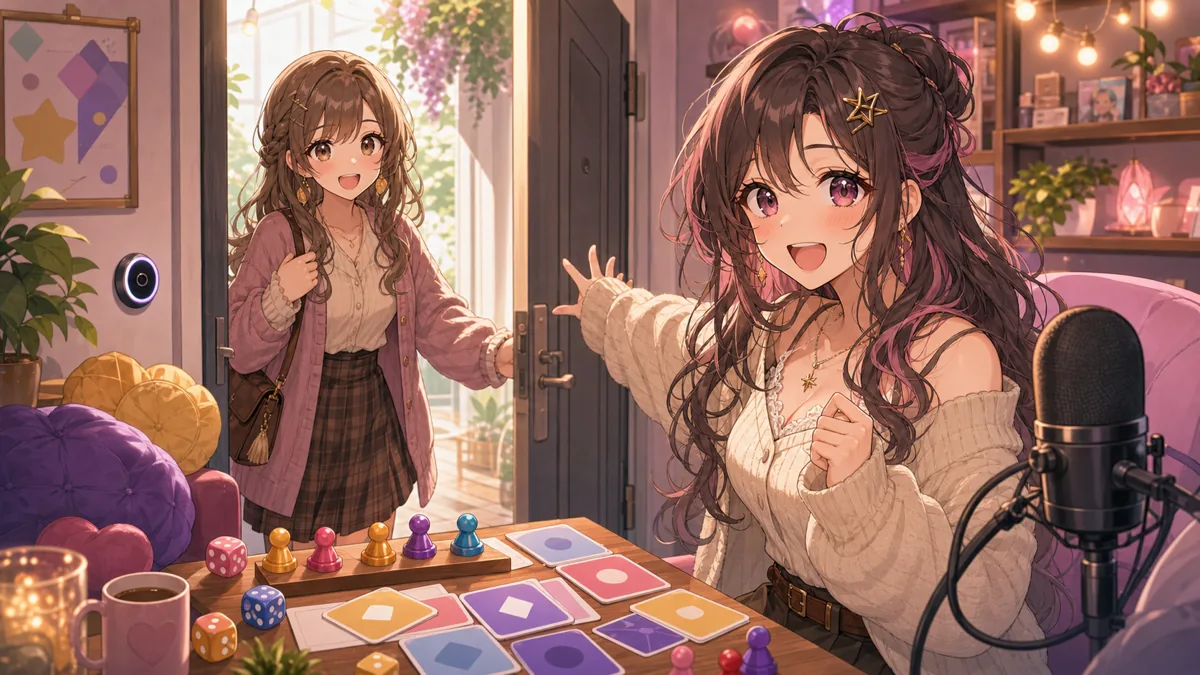 明るい配信部屋でゲストを迎えるオリジナル女性キャラクター二人のイメージ