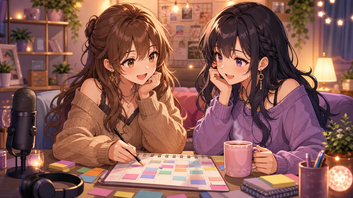 カレンダーと配信メモを前に相談するオリジナル女性キャラクター二人のイメージ