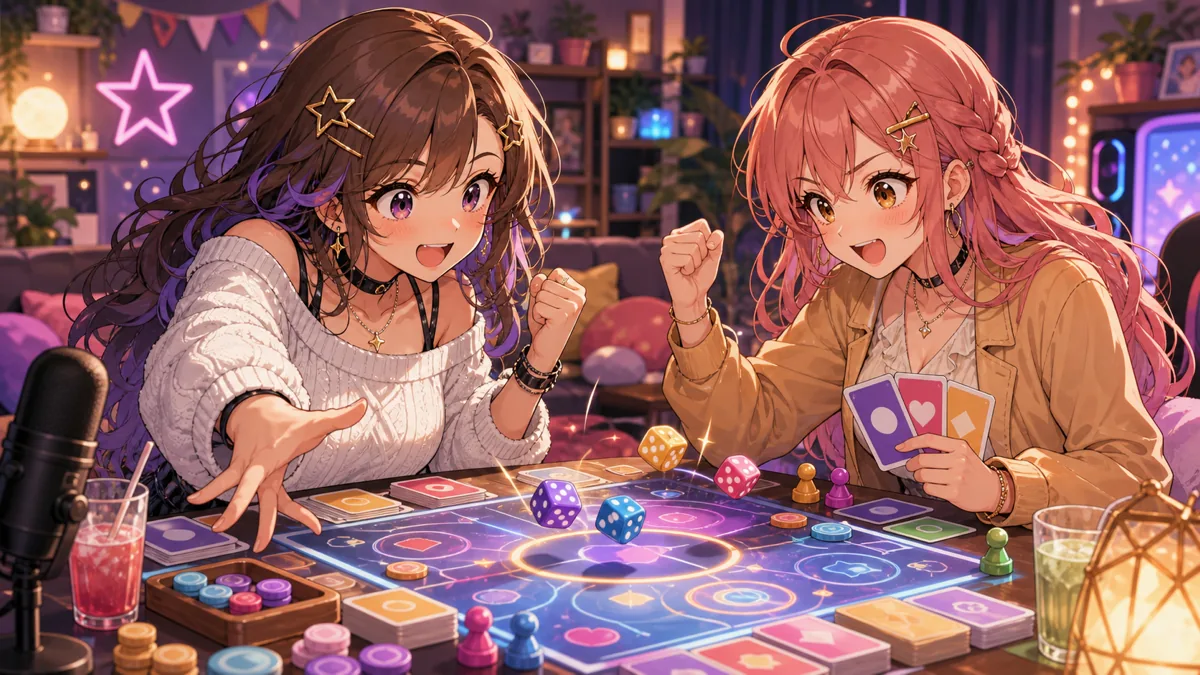 テーブルゲーム画面風の抽象UIとサイコロを前に白熱するオリジナル女性キャラクター二人のイメージ