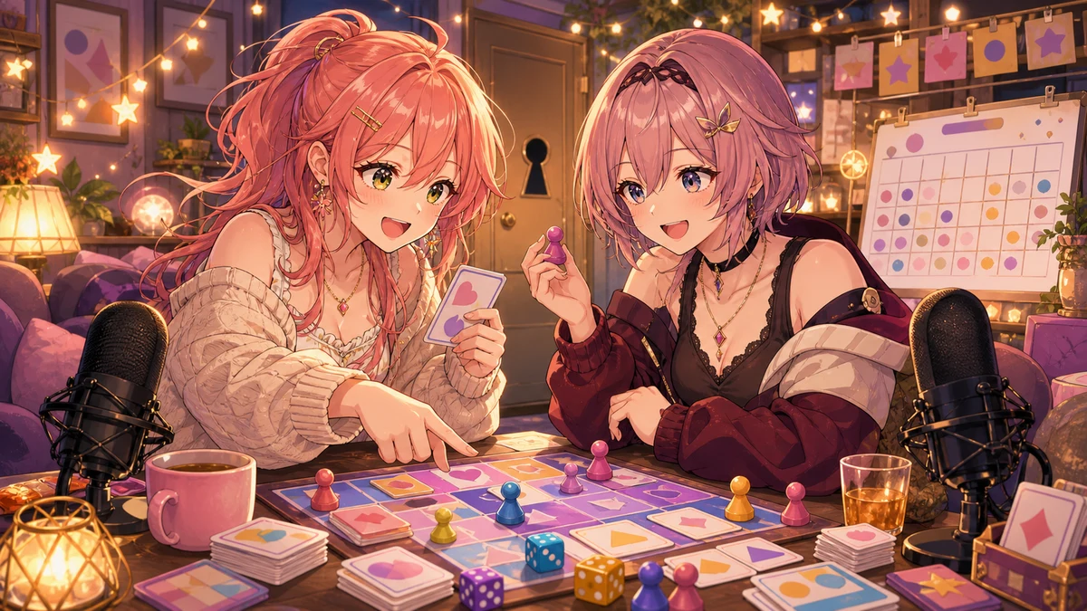 配信部屋のテーブルでボードゲームと予定表を囲んで話すオリジナル女性キャラクター二人のイメージ