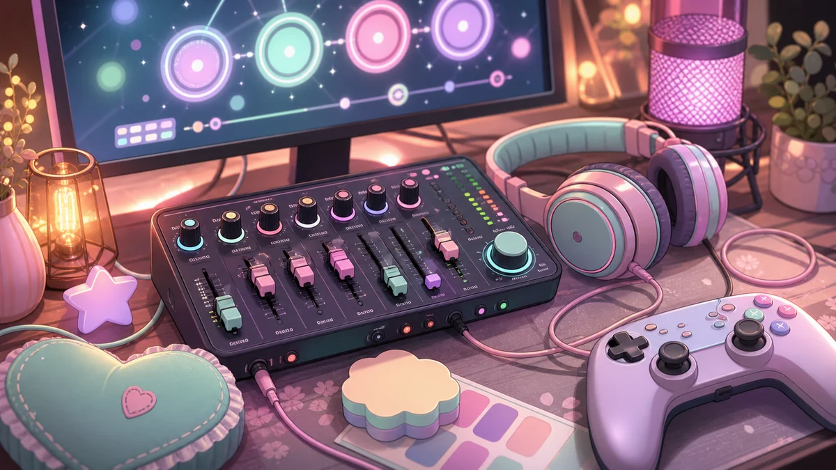 明るい配信部屋でゲーム機とモニターの音量を調整する人物