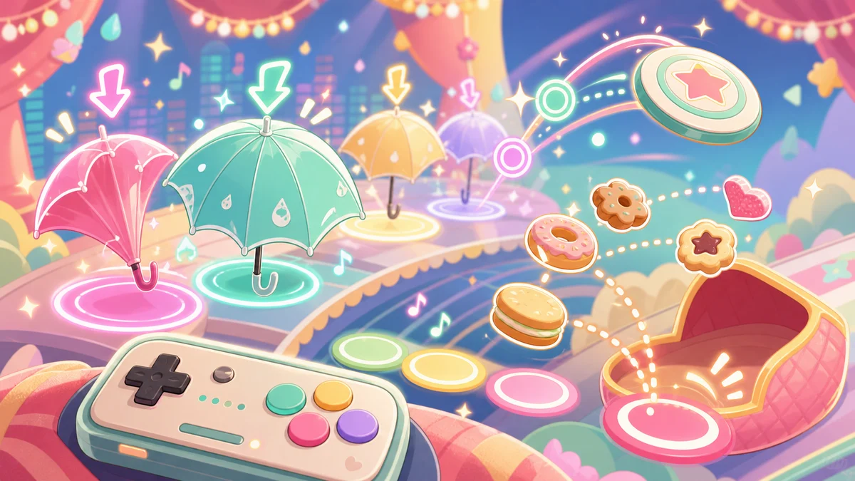傘や円盤や小さな食べ物が並ぶリズムゲーム風の明るいステージ