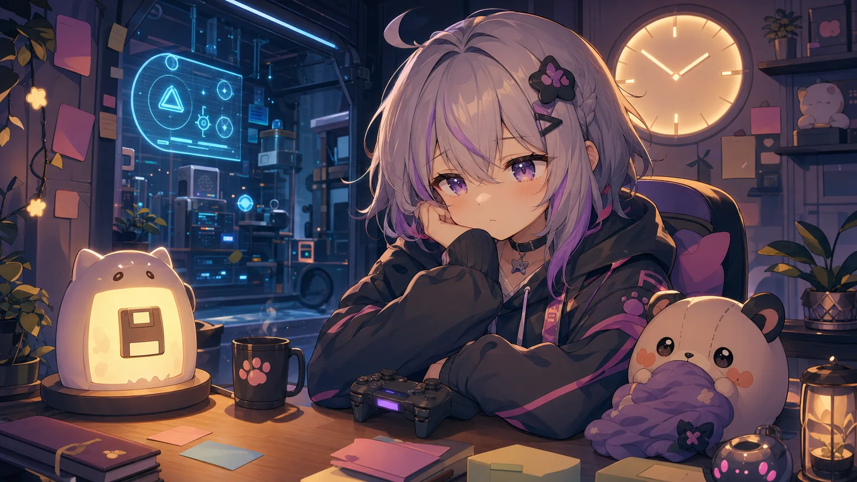 決戦前のセーブポイントとAI端末を前に考え込むかわいいオリジナルキャラクターのイメージ