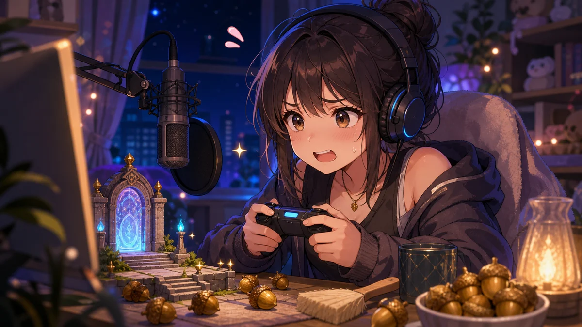 夜の配信部屋でゲーム画面に集中しながらマイクにも向き合う女性キャラクターのイメージ