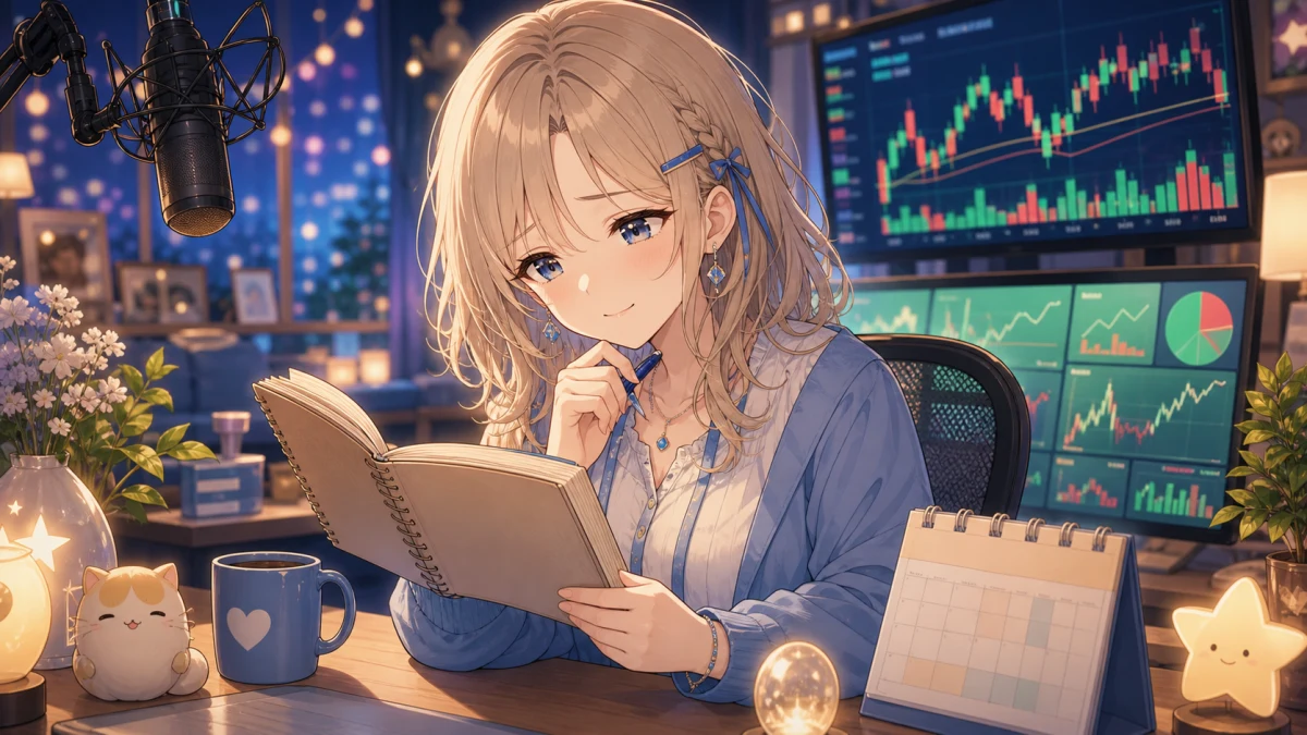 夜の配信部屋で月次収支の無地ノートと抽象チャートを見比べる女性キャラクターのイメージ