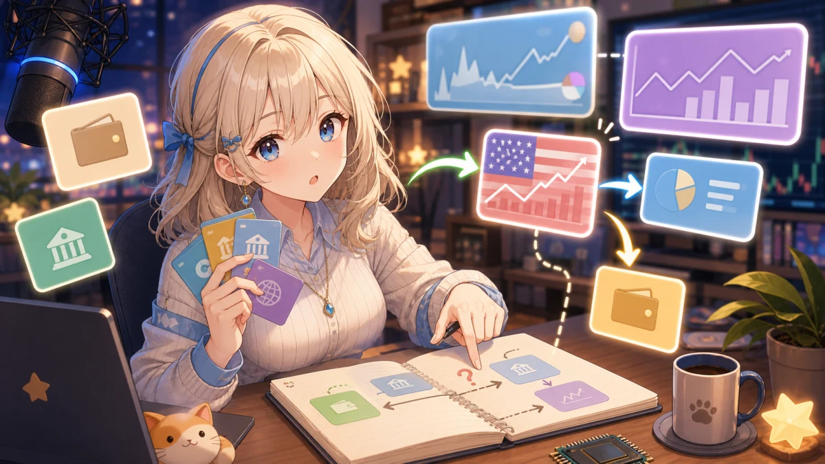 配信机で複数の口座タイルとメモリチップ風の抽象小物を整理する女性キャラクターのイメージ