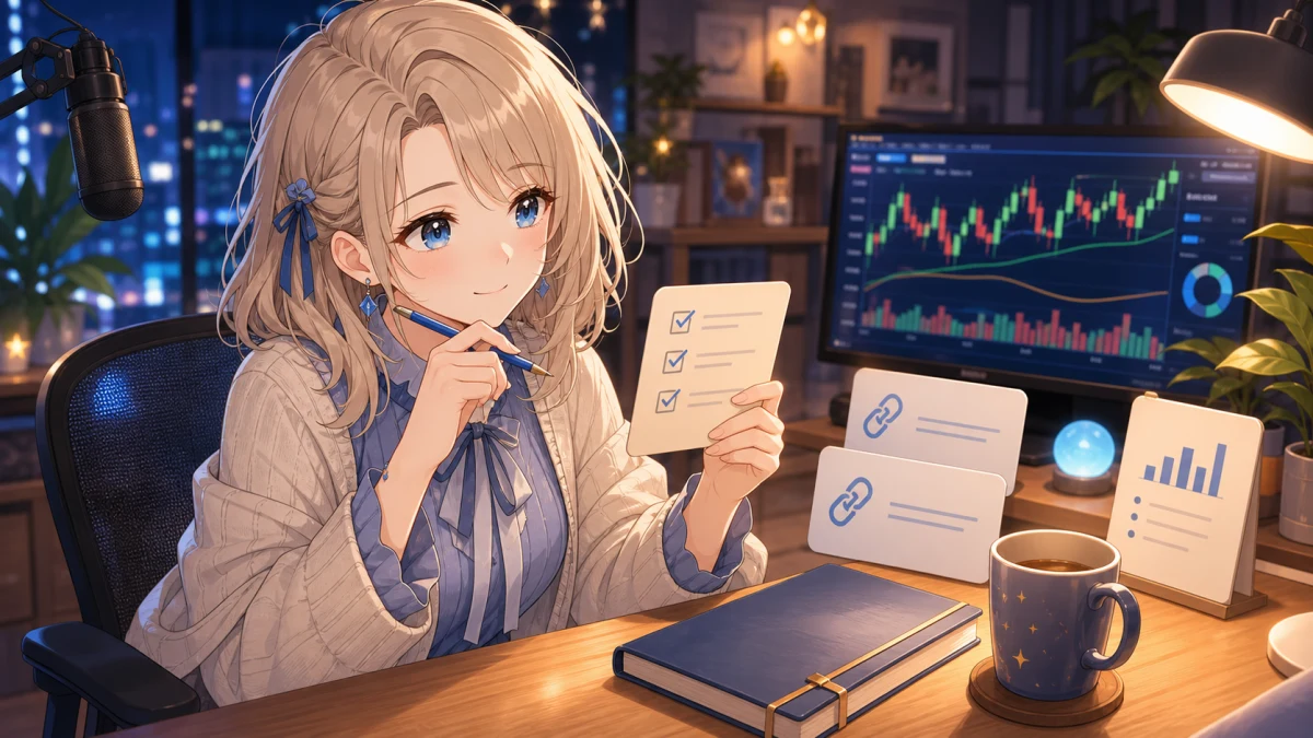 夜の配信机で無地のチェックリストと公式リンク風カードを整理する女性キャラクターのイメージ