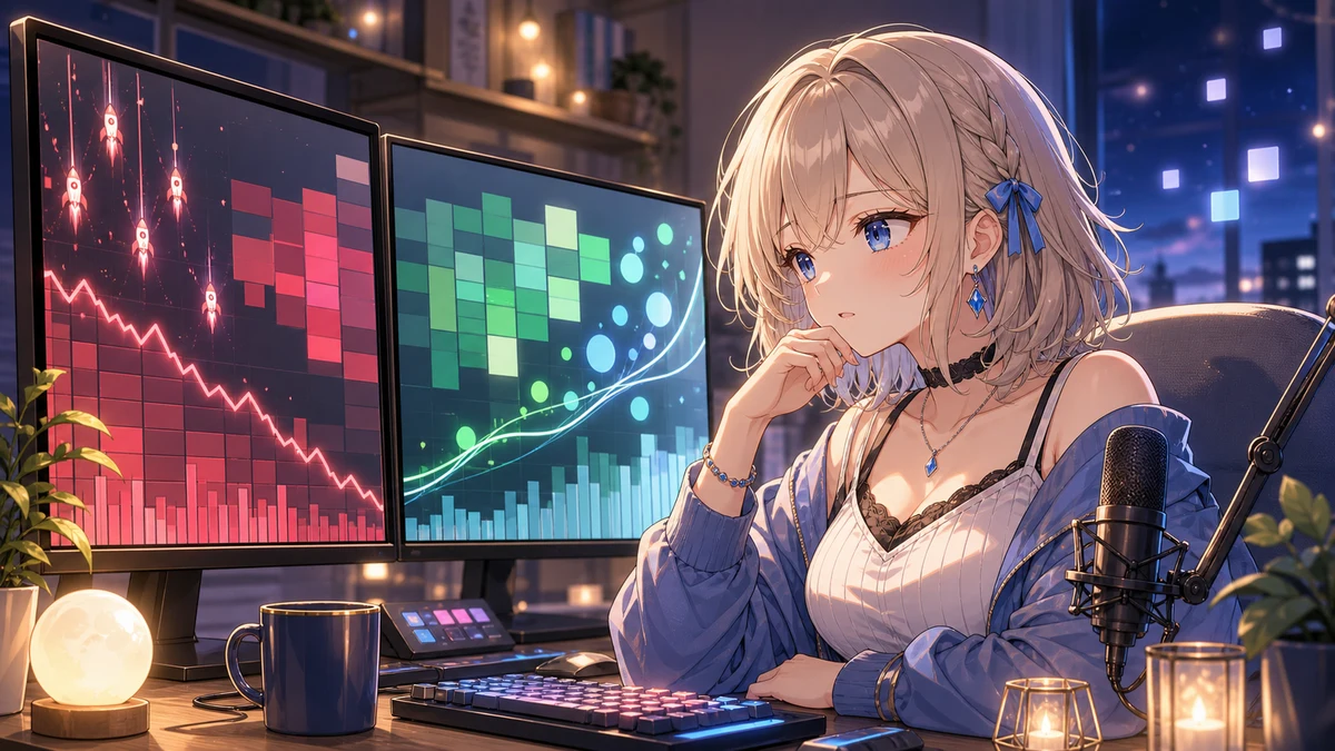 赤と緑の抽象チャートが並ぶ画面の前で考え込む女性キャラクターのイメージ