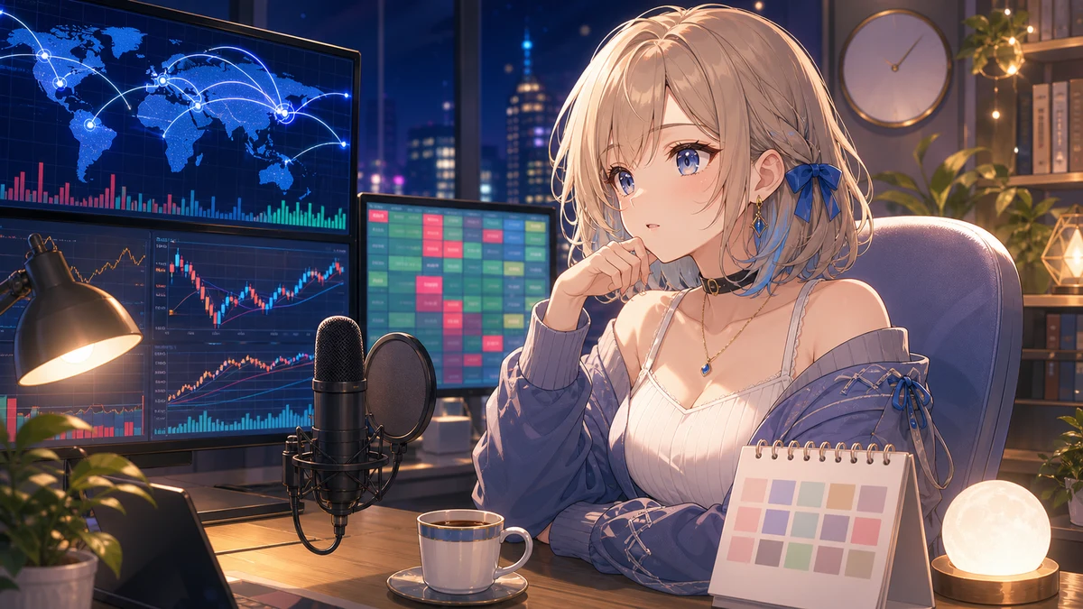 夜の配信部屋で海外市場のチャートと経済指標カレンダーを見守る女性キャラクターのイメージ