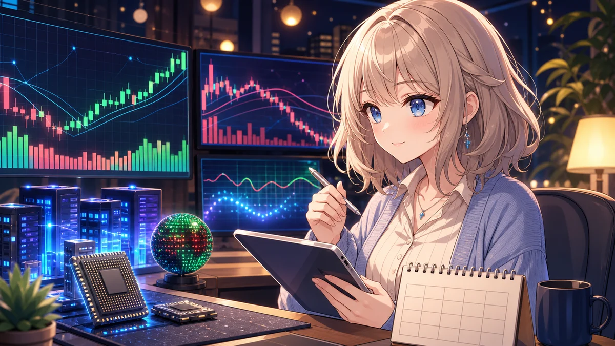 夜の配信机で抽象チャートと半導体小物を見比べる女性キャラクターのイメージ