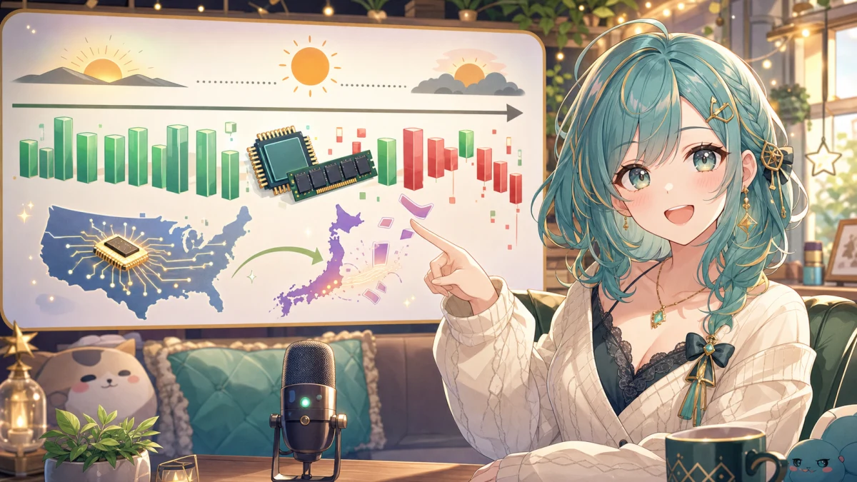 明るい配信部屋で相場ボードと半導体チップを見比べる人物のイメージ